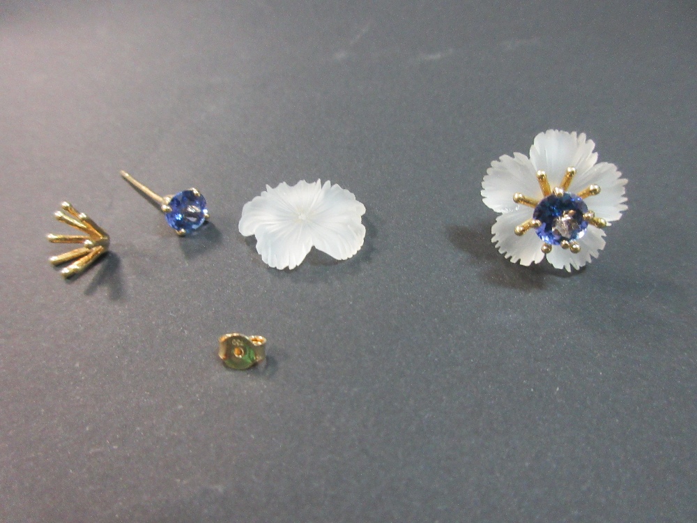 A pair of adaptable tanzanite and rock crystal earrings, designed as flowers in three parts, with - Image 4 of 4