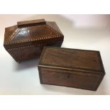 Two George III mahogany two compartment tea caddies, that of sarcophagus shape inlaid with chevron