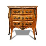 A Louis XV style kingwood bombe petite commode, 20th century, with a rouge marble and marquetry