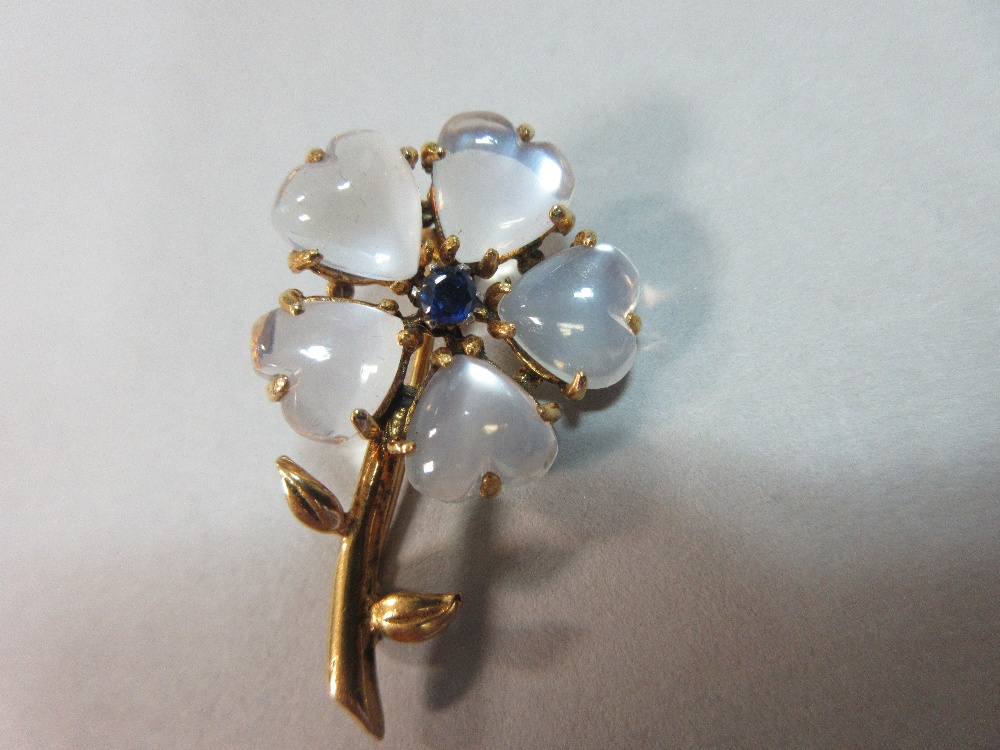 A moonstone and sapphire flower brooch, designed as a single flower with five heart-shaped - Image 4 of 4
