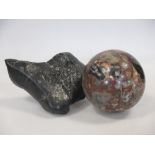 A marble ball, approx. 11cm diameter and a rock, believed to be part of a Meteorite (2)