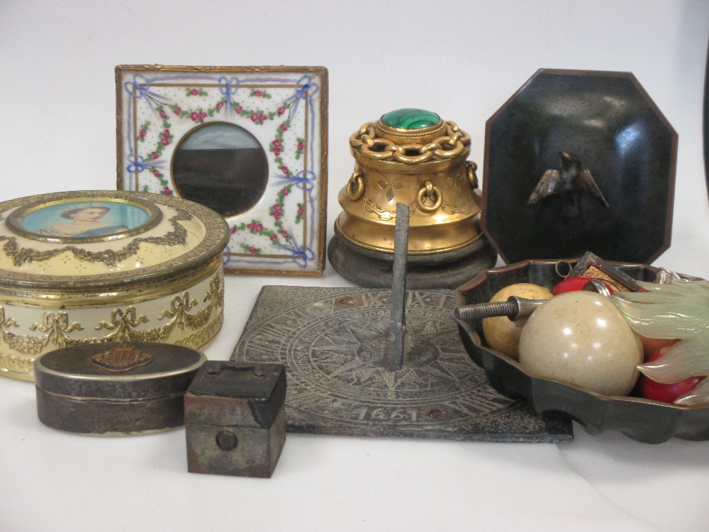 A lead lion mask, a silver & enamel compact, a gilt metal inkwell, ivory snooker balls etc.