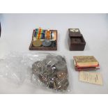 Old coinage, a WWI pair of medals, small box etc