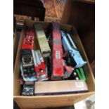 Model die cast lorries, coaches and utility vehicles, various makes, with play wear, some boxed
