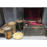 A 19th century leather jewel chest, Chinese lacquered boxes and painted tin boxes