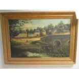 Victorian School, A village bridge with shepherd and his flock on the far bank, oil on canvas, 51