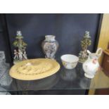 French faience vase, earthenware game pie dish, Dresden figural candlesticks and a jug and bowl