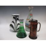 A black and white glass vase ovoid form together with a Japanese vase, a pottery stein and a green