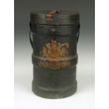 A good 19th century canvas shot carrier, the banded cylindrical body with detachable cover and