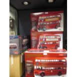 Five Sun Star 1:24 scale model double decker buses and a Bedford OB Duple Vista coach, all with