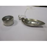 A George III silver caddy spoon and an unmarked silver boxed pounce pot