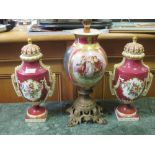 A Vienna style porcelain lamp base, a pair of 'Chelsea' type porcelain vases. Height of 41cm, and