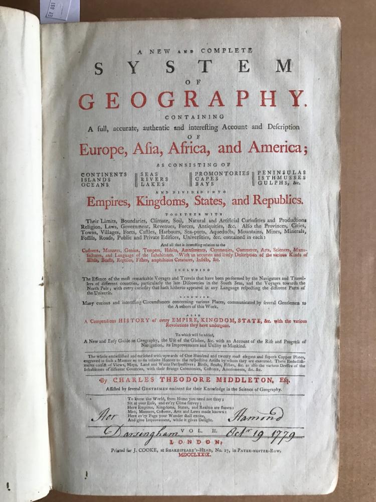 MIDDLETON (Charles Theodore) A New and Complete System of Geography, two vols. 1778-79, folio,