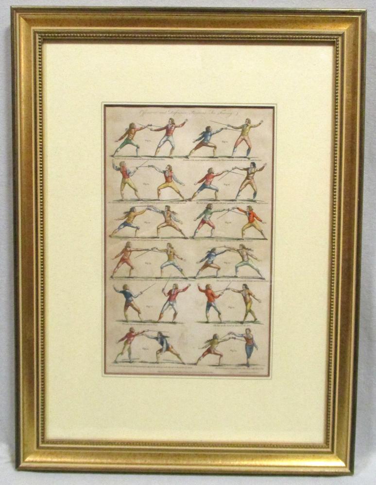 Fencing circa 1789. Three hand coloured engravings published by C. Cook for Hall's Encyclopaedia,