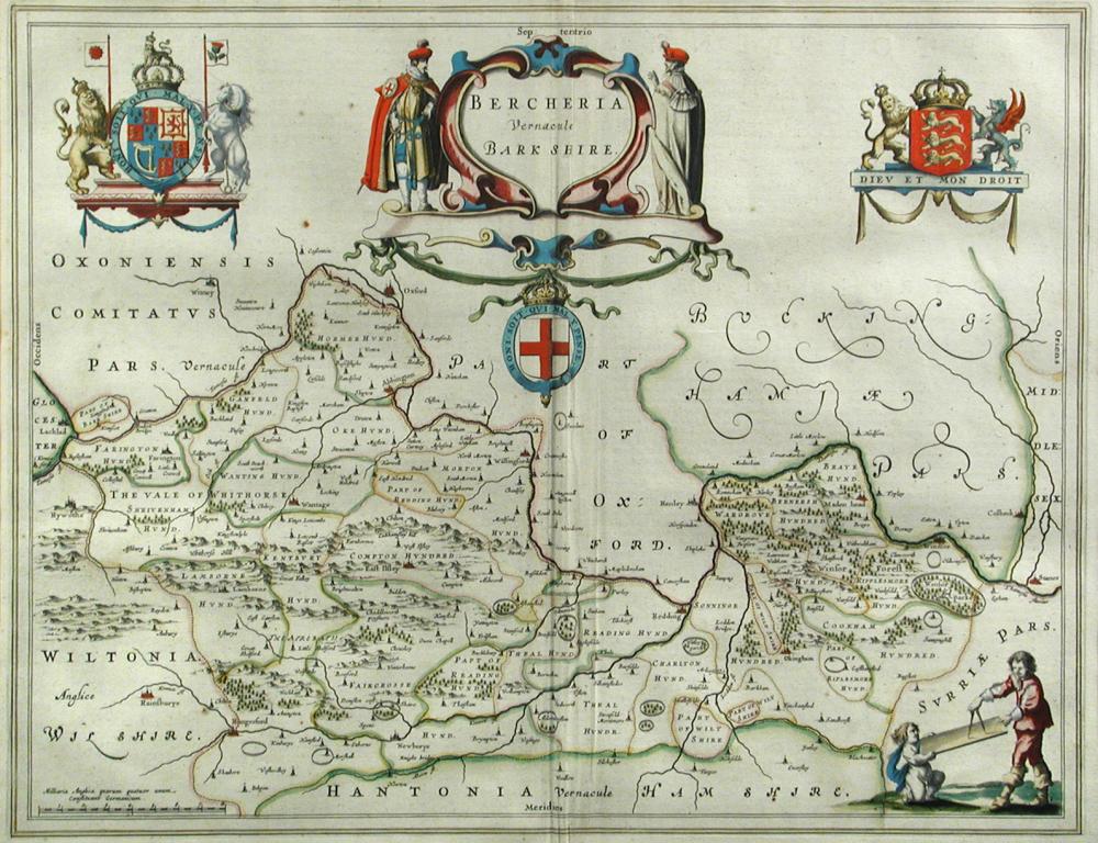 Johannes Blaeu, Bercheria Vernacule Barkshire, a double-page hand-coloured engraved map, 39 x