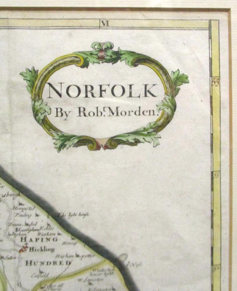 Robert Morden, Norfolk, hand coloured engraved map, sold by Abel Swale, Awnsham and John - Image 2 of 5