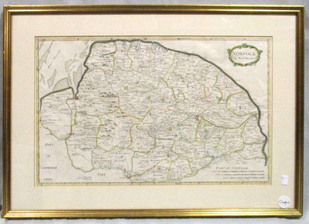 Robert Morden, Norfolk, hand coloured engraved map, sold by Abel Swale, Awnsham and John