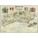 Johannes Blaeu, Suthsexia Vernacule Sussex, hand coloured engraved map, German text verso, 39cm x