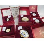 Staffordshire enamels; commemorative boxes to include 1981 Royal Wedding, a vase, a thimble and a