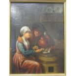 A Dutch interior scene of a couple seated at a table 46 x 35cm