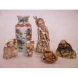 Four 18th century and later netsuke, a Chinese figure, Canton vase and box