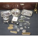 A small quantity of silver and plated wares, including a kettle on stand, entree dishes, silver