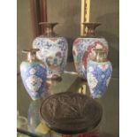 Two pairs of enamelled vases with white metal mounts and a decorative seal