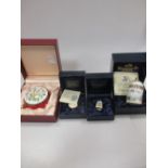 Crummles enamels; QE II Golden Wedding stamp, Royal Wedding pill box and a thimble (4)