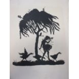 A cut out silhouette of a girl beneath a tree, together with two watercolours and a pencil