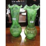 A pair of Art Nouveau green Loetz style vases, 35 cm (2)