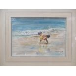 Fraser King (British, b.1969) 'Boy on a beach', watercolour, signed, 26 x 36cm