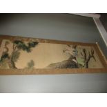 A scroll painting depicting the elderley couple Jo and Uba seated in contented harmony below a