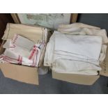 Two boxes of assorted household linen to include knife cloths, other similar domestic table cloth