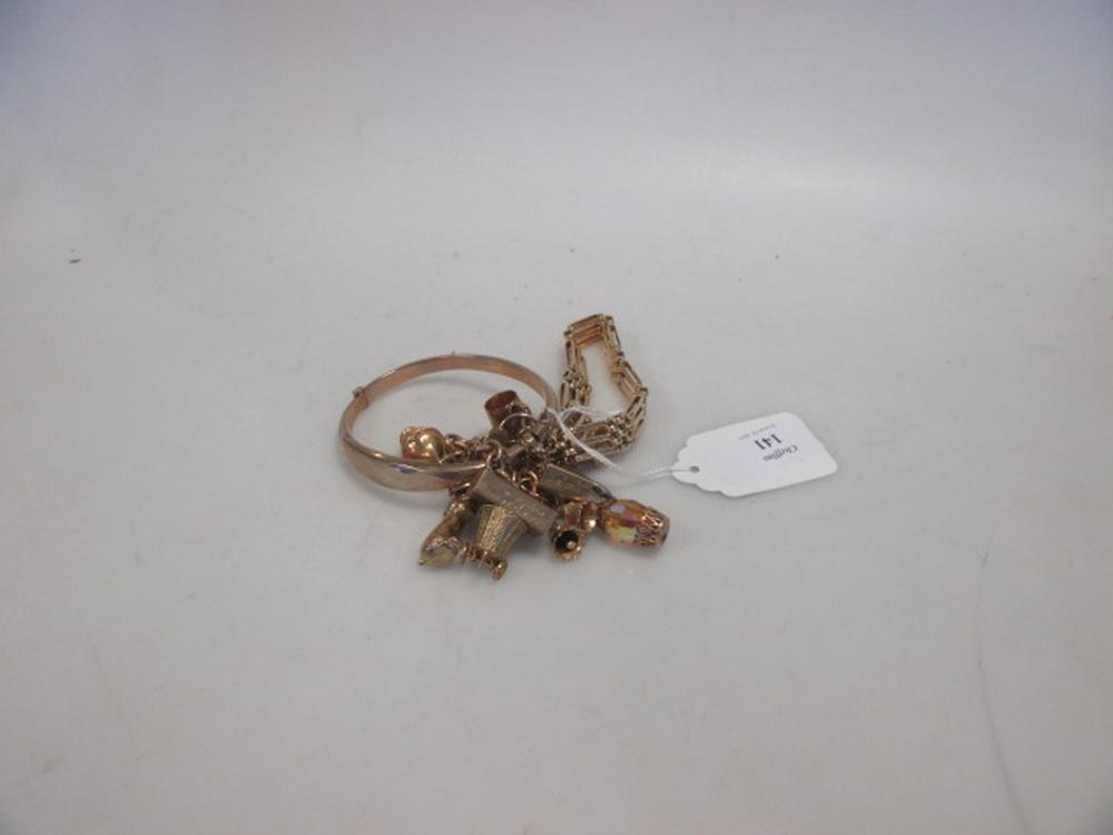 Three 9ct bracelets, to include a 9ct charm bracelet with heart shaped padlock clasp and twelve