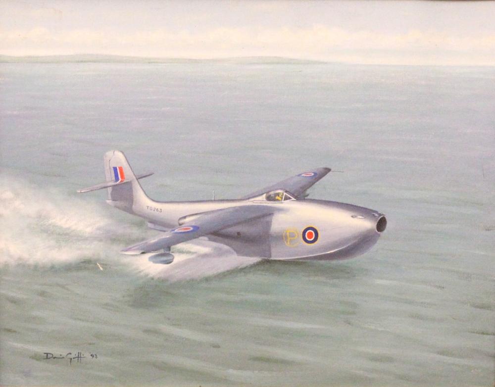 § Dennis Griffin (British, 20th Century) Touchdown in the Solent, a Saro SR AI prototype seaplane