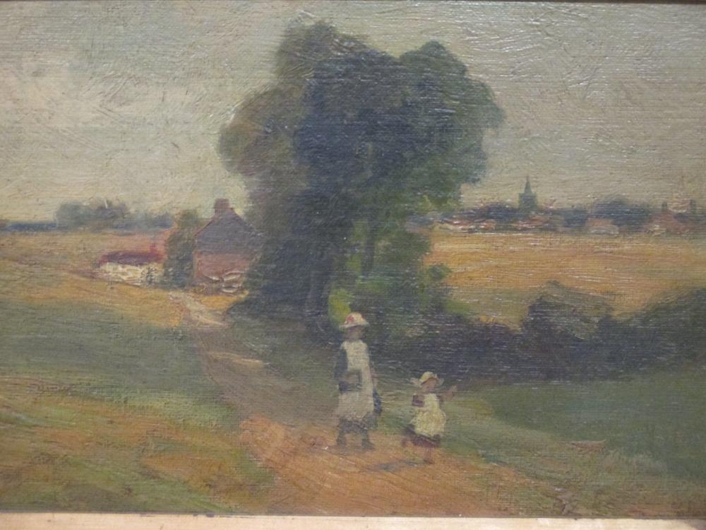 Attributted to Leopold Rivers, After School, two figures on a path, oil on board, 17 x 25cm