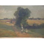 Attributted to Leopold Rivers, After School, two figures on a path, oil on board, 17 x 25cm