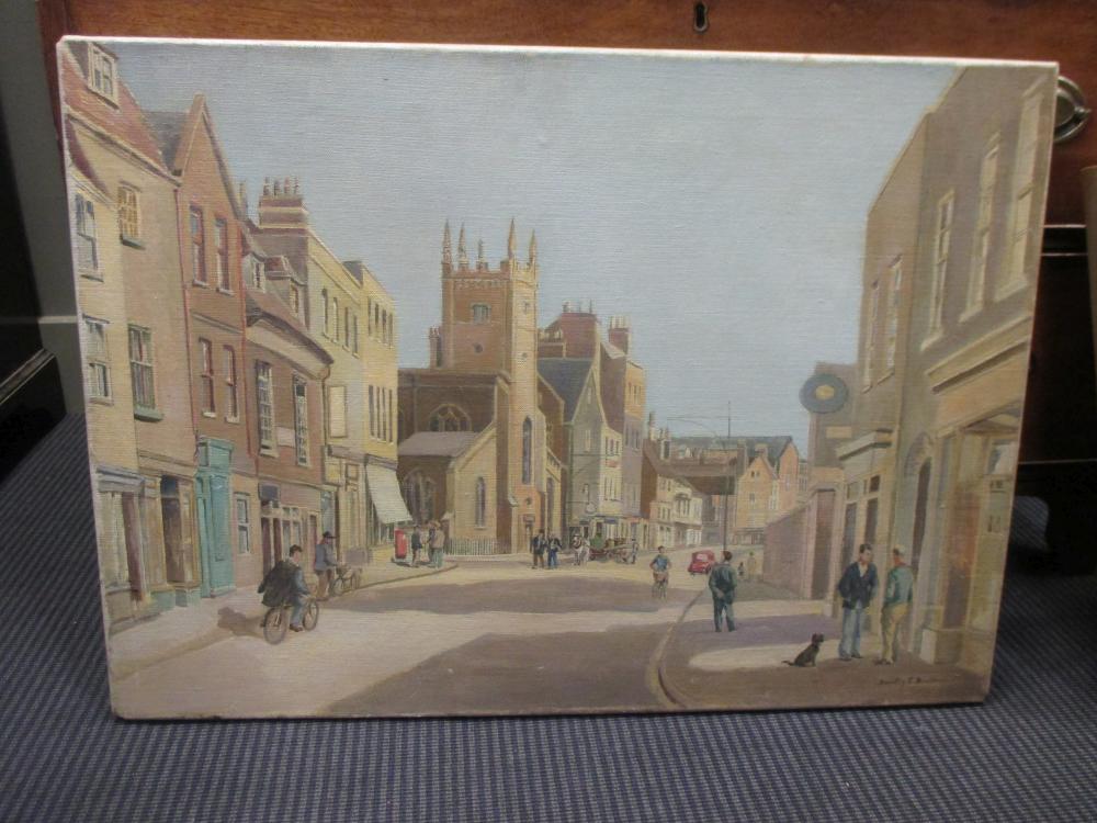 Dorothy Bradford (British, 20th century) View of Bridge Street in Cambridge, oil on canvas,