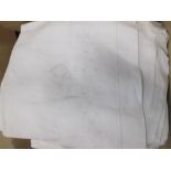 Four boxes of assorted white linens to include bedding and tablecloths, some embroidered and