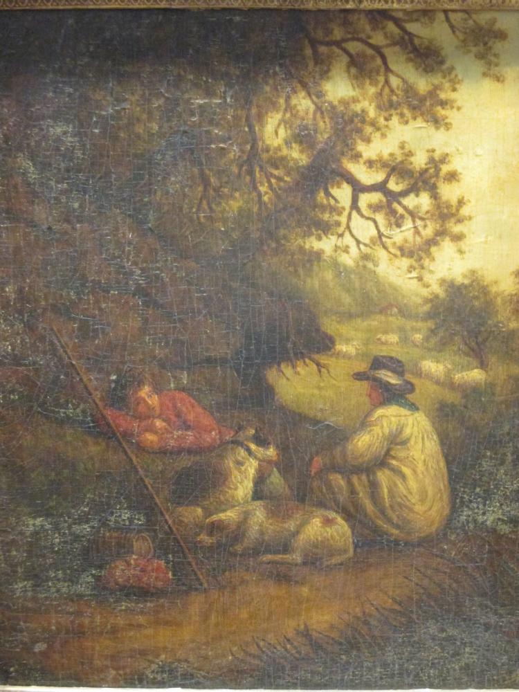 Manner of George Morland, Rustic scene with figures on a path, oil on board, 36 x 31.5cm - Image 2 of 2