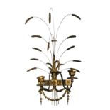 A pair of late 19th century giltwood, gesso and wirework two branch wall sconces, in the form of