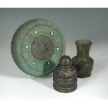 A group of three Himalayan items, comprising a Tibetan circular bronze box set with turquoise