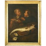 English School (mid 18th Century) Two boys eating oysters with a cod lying on a dish oil on canvas