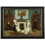 English Provincial School (18th Century) Interior scene with two women in mob caps by a fireside oil