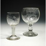 A hunting rummer and an opaque goblet with vine engraved bowl, the compressed spherical bowl of