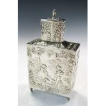 A small late 19th century Dutch silver caddy flask, rectangular with panels repousse decorated