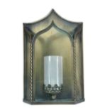 A set of four Gothic style 'Westminster' brass wall lanterns by Phillips & Wood, each of glazed