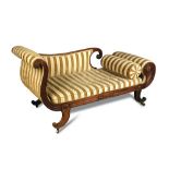 A late Regency mahogany scroll end settee, on down swept legs and brass casters 88 x 170 x 71cm (