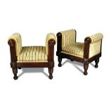 A pair of mahogany window seats in the manner of Marsh & Tatham, upholstered in a striped fabric,