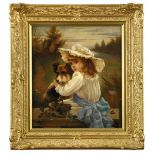 English School (19th Century) A small girl with a collie in a landscape signed lower left with